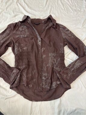 Brown Cinched Waist Button-Down Shirt